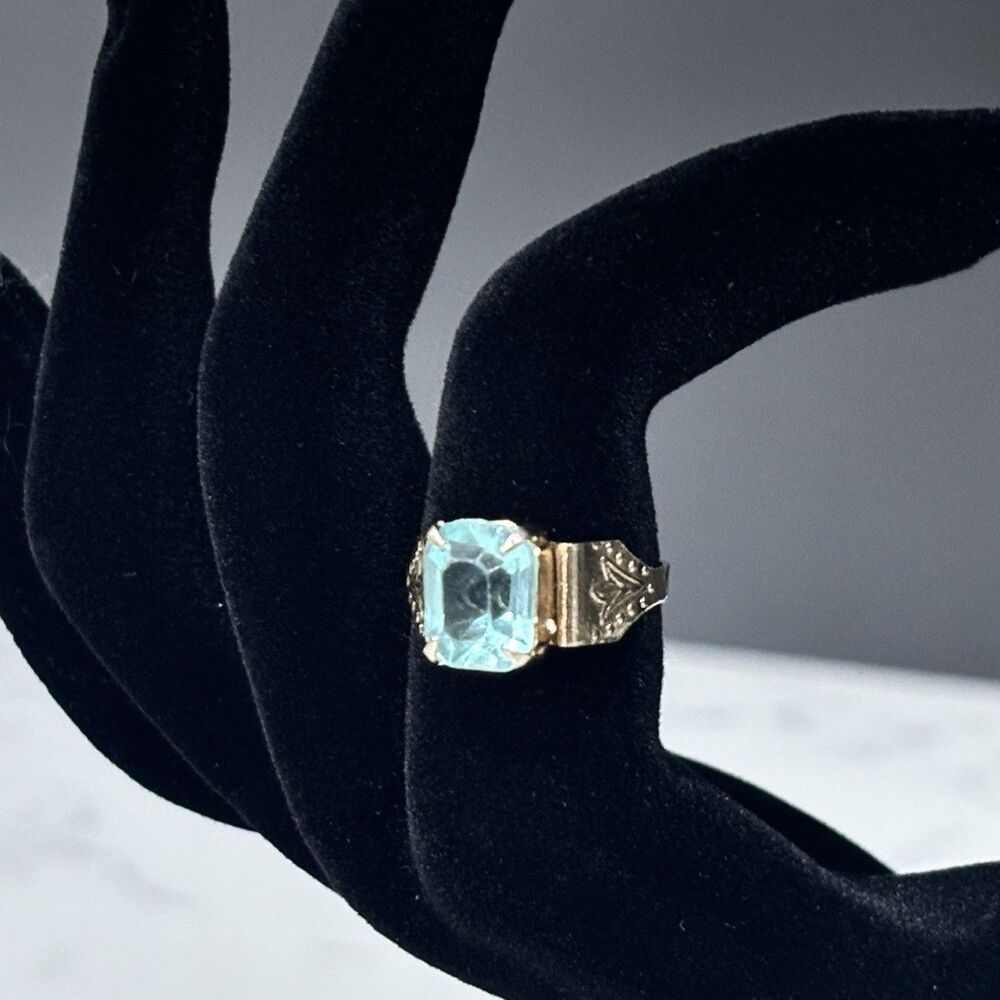Vintage Blue Glass Ring Gold Tone Art Deco Style Etched Band Adjustable